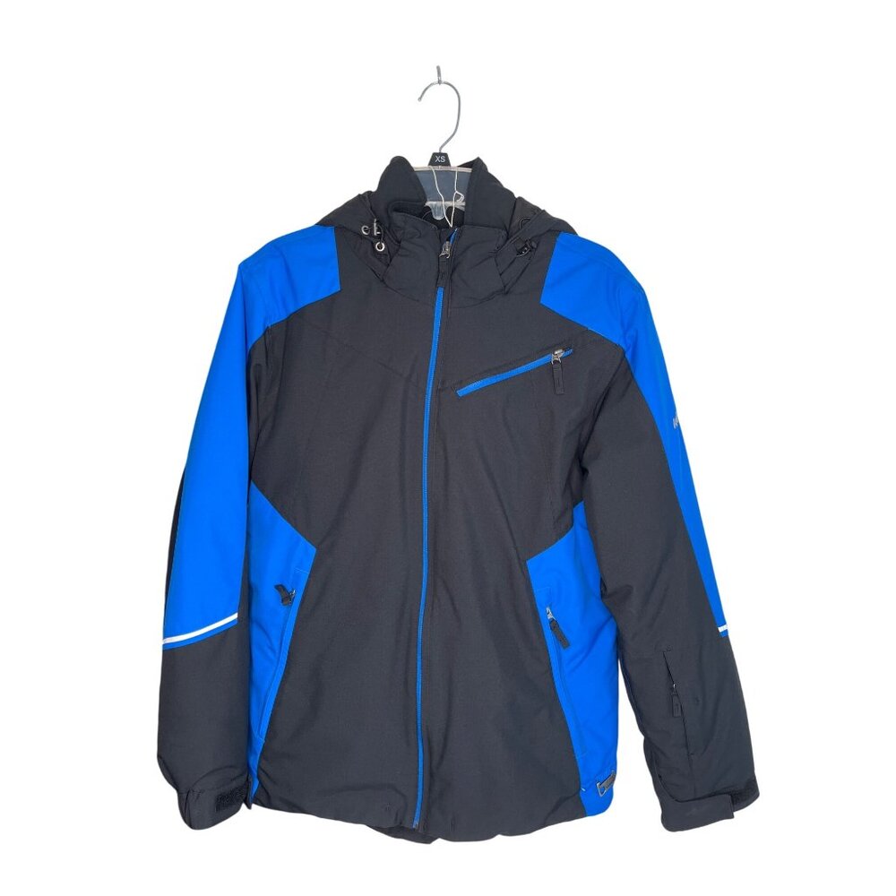 Karbon XS Black & Blue Ski Jacket With Hood Zippered Pockets Adjustable Cuffs